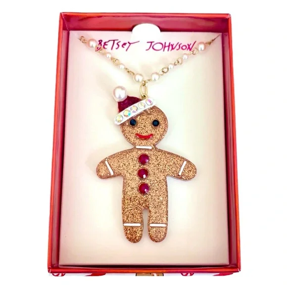 🌀 Betsey Johnson Gingerbread Man Santa Necklace - Picture 3 of 5